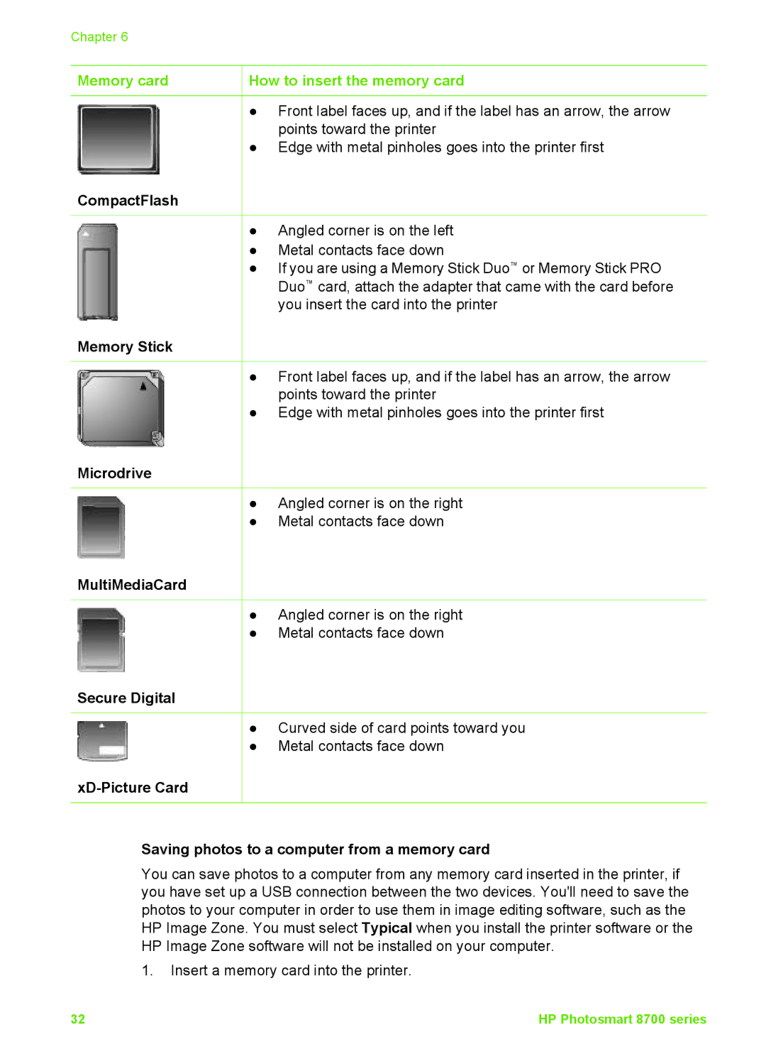 HP 8700 manual Memory card How to insert the memory card 