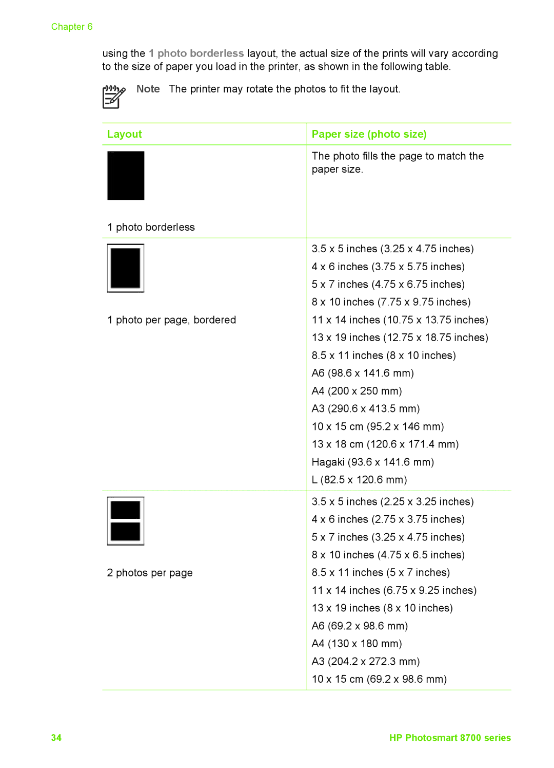 HP 8700 manual Layout Paper size photo size 