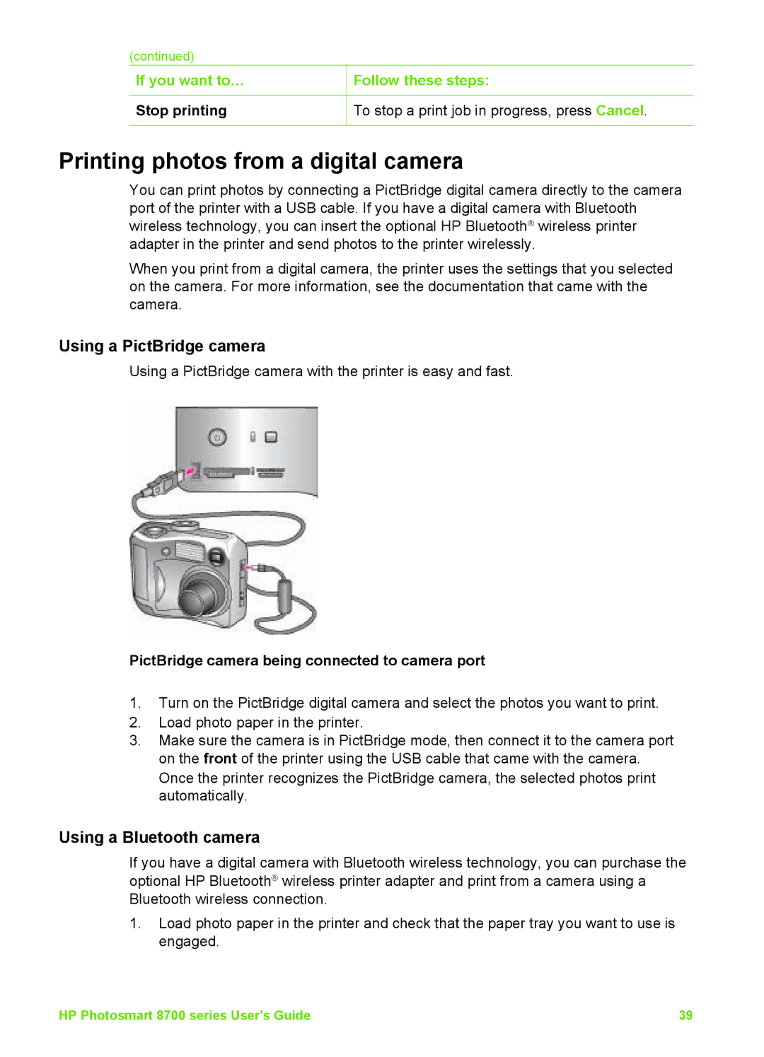 HP 8700 manual Printing photos from a digital camera, Using a PictBridge camera, Using a Bluetooth camera, Stop printing 