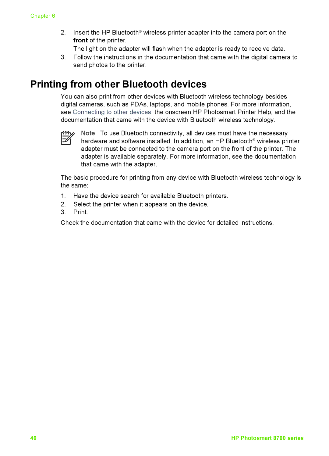 HP 8700 manual Printing from other Bluetooth devices 