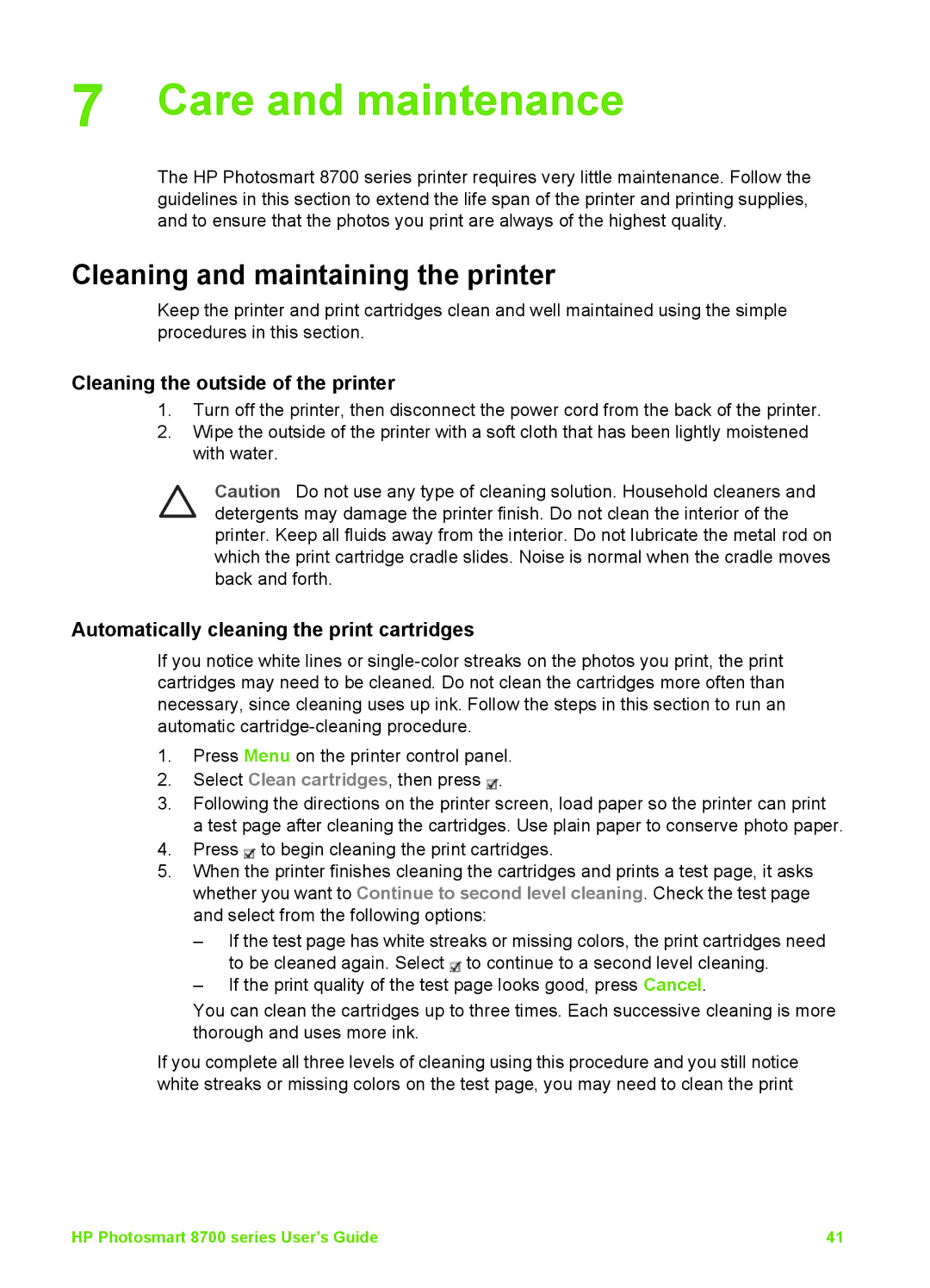 HP 8700 manual Care and maintenance, Cleaning and maintaining the printer, Cleaning the outside of the printer 