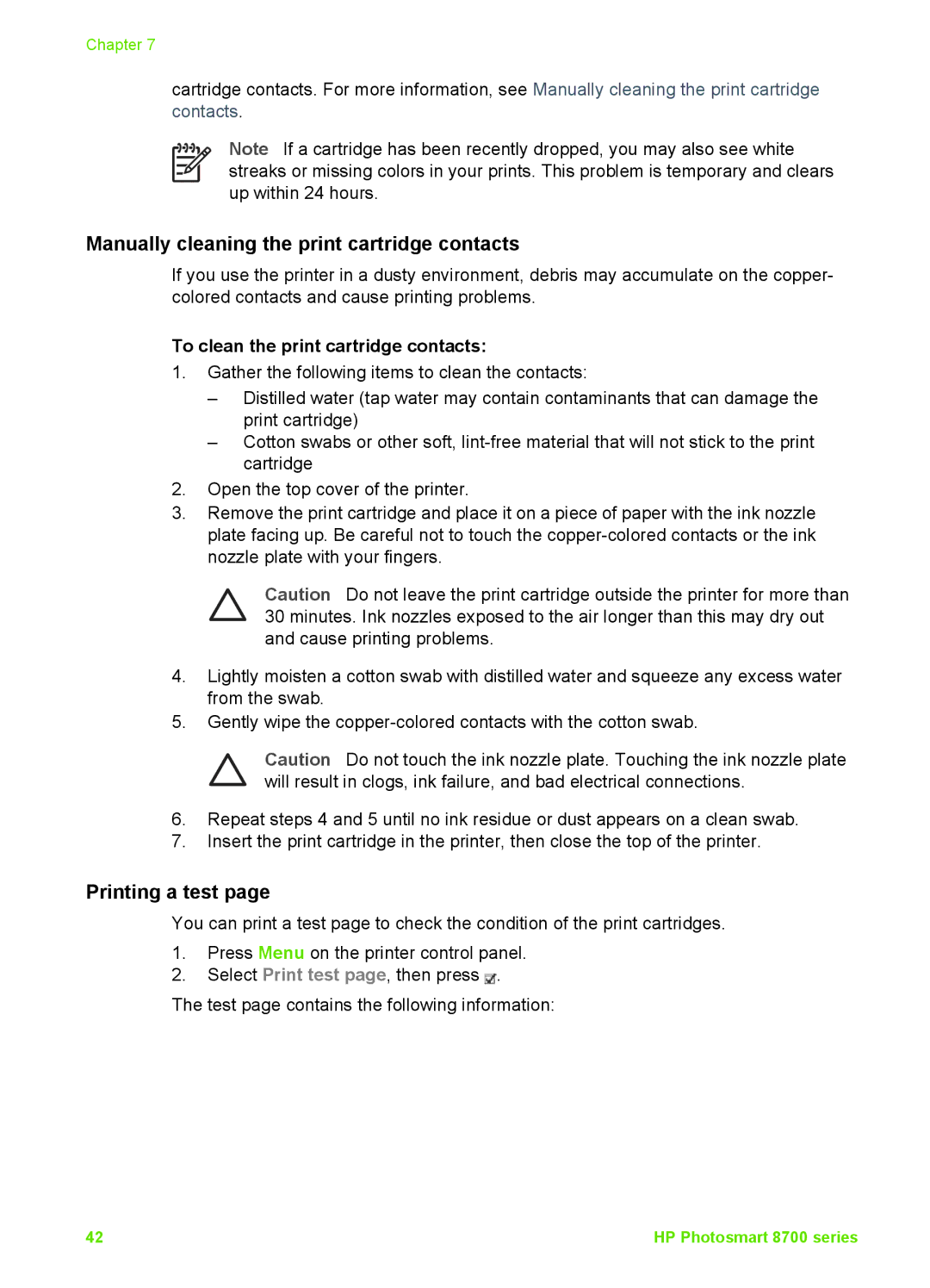 HP 8700 manual Manually cleaning the print cartridge contacts, Printing a test, To clean the print cartridge contacts 