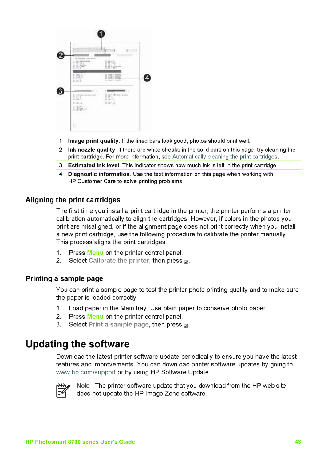 HP 8700 manual Updating the software, Aligning the print cartridges, Printing a sample 