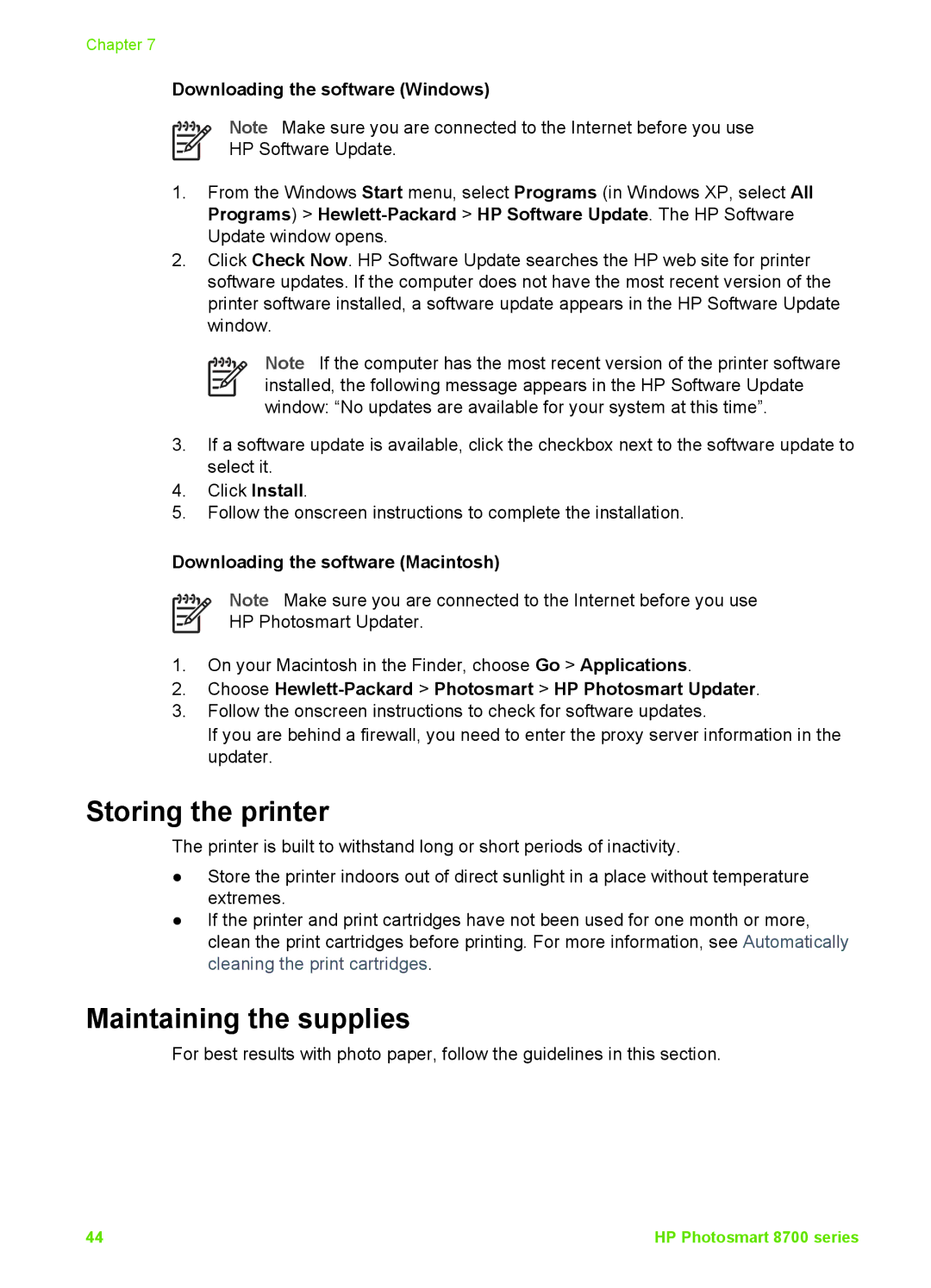 HP 8700 manual Storing the printer, Maintaining the supplies, Downloading the software Windows 