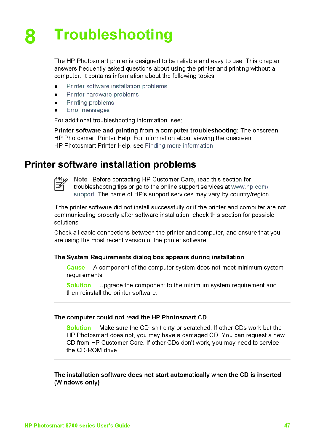 HP 8700 manual Troubleshooting, Printer software installation problems, Computer could not read the HP Photosmart CD 