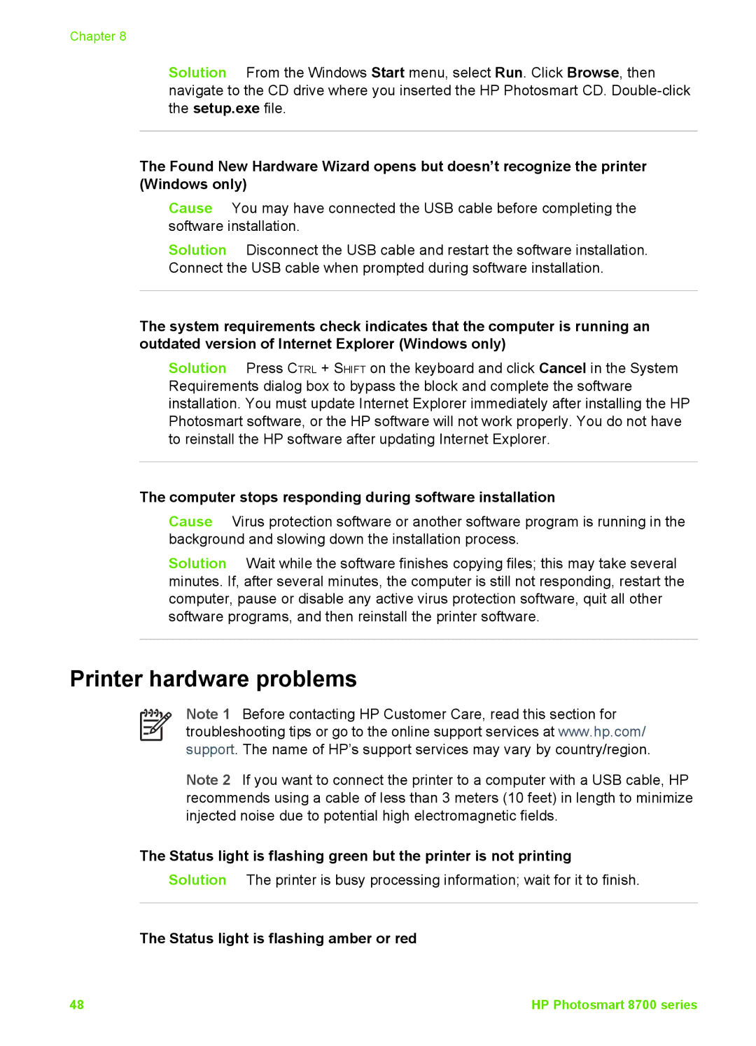 HP 8700 manual Printer hardware problems, Computer stops responding during software installation 