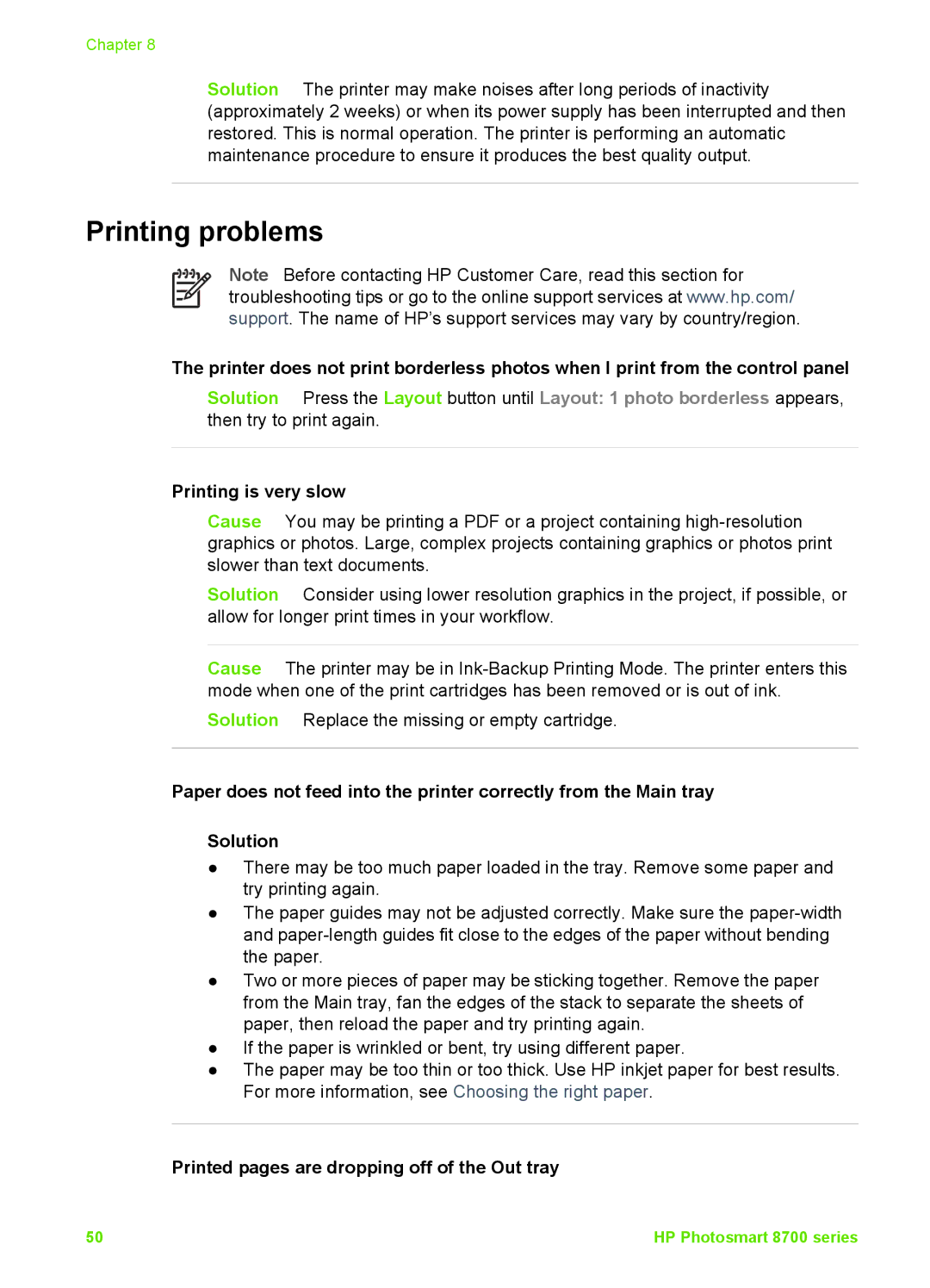 HP 8700 manual Printing problems, Printing is very slow, Printed pages are dropping off of the Out tray 