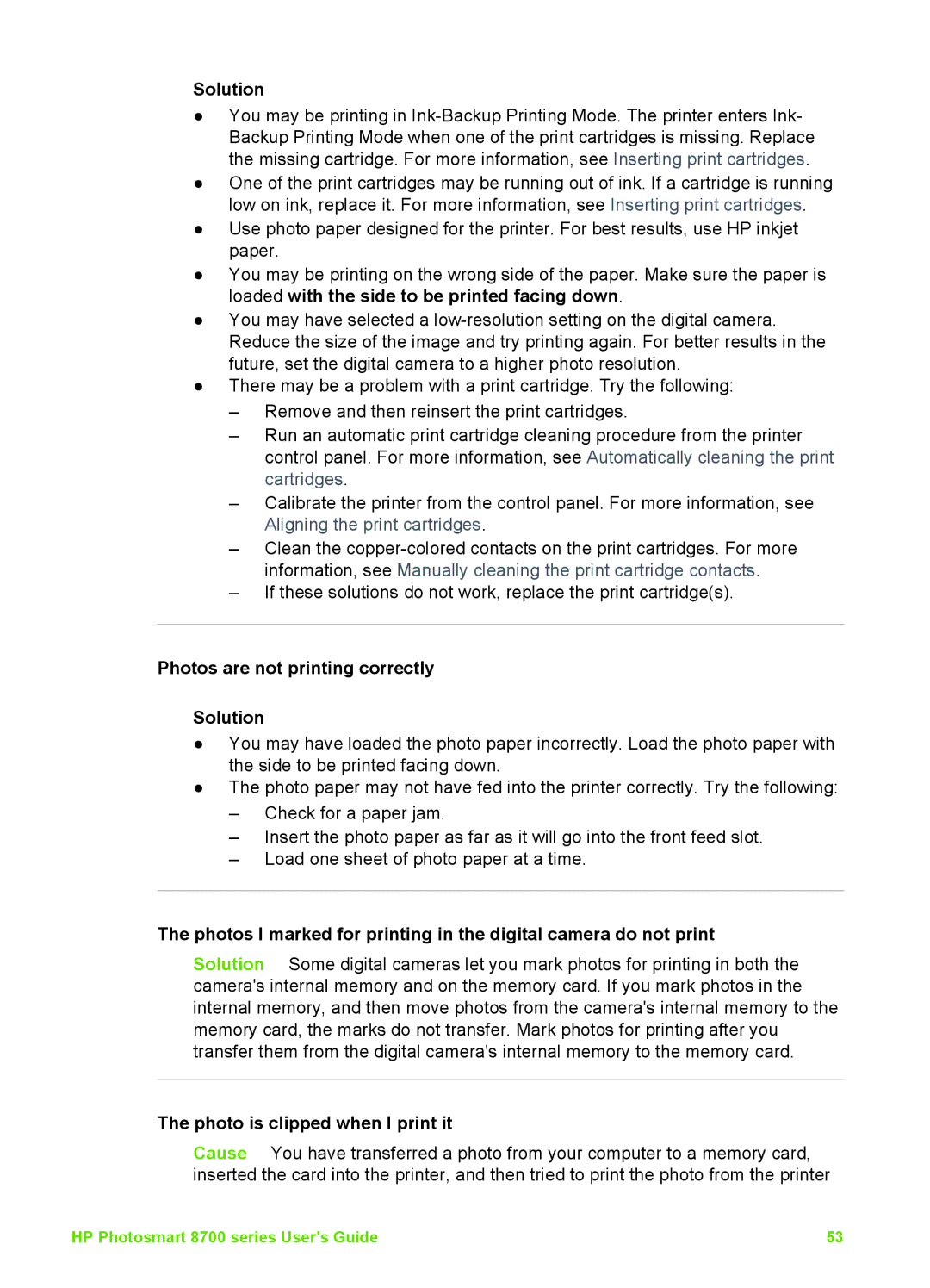 HP 8700 manual Photos are not printing correctly Solution, Photo is clipped when I print it 