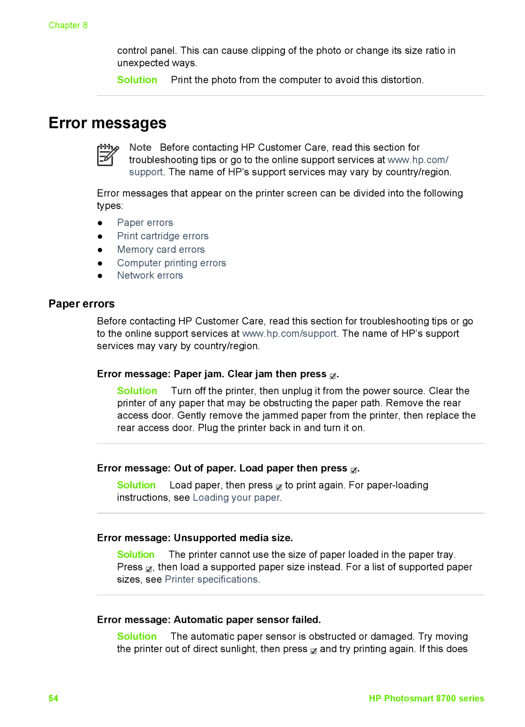 HP 8700 manual Error messages, Paper errors 