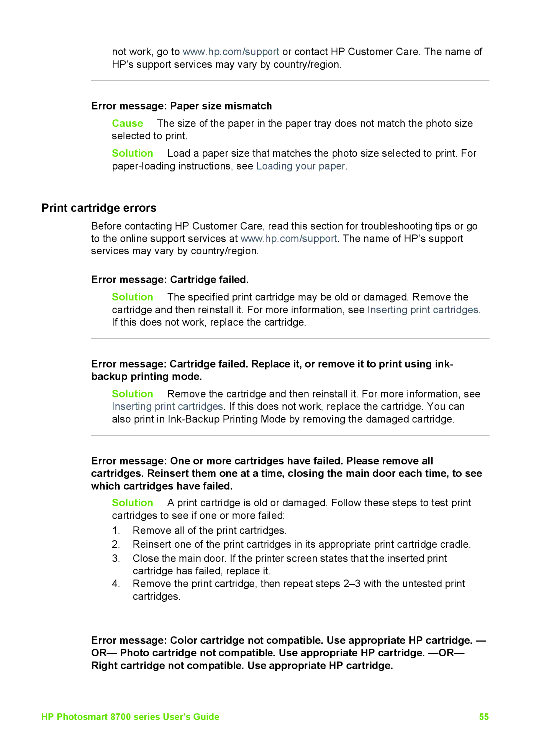 HP 8700 manual Print cartridge errors, Error message Paper size mismatch, Error message Cartridge failed 