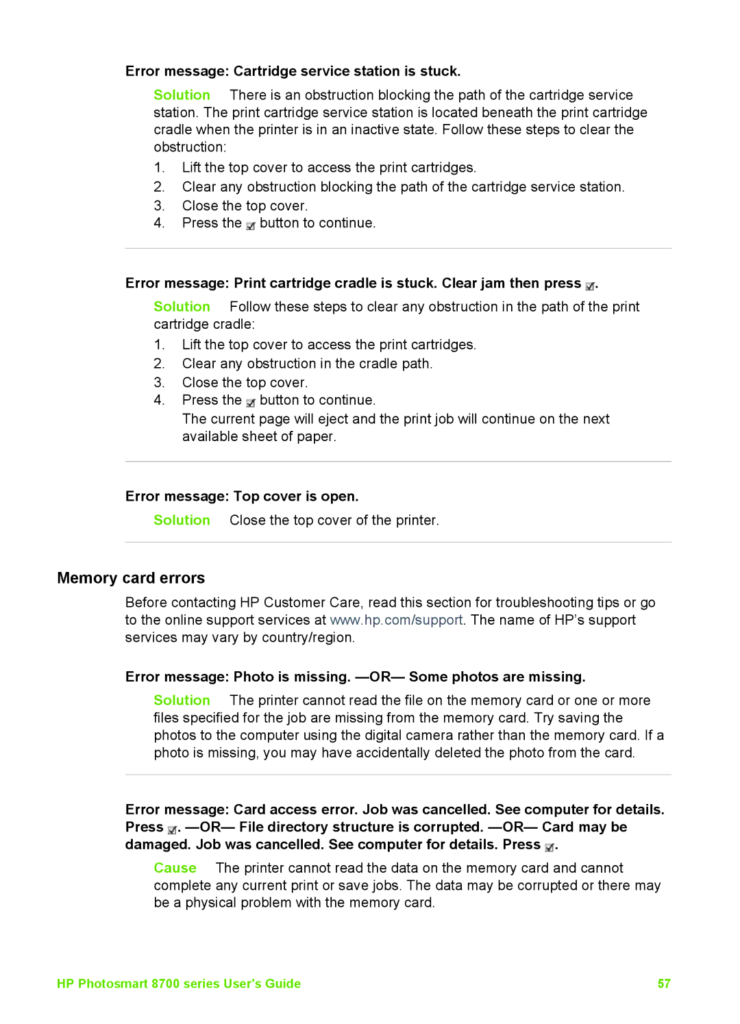 HP 8700 manual Memory card errors, Error message Cartridge service station is stuck, Error message Top cover is open 