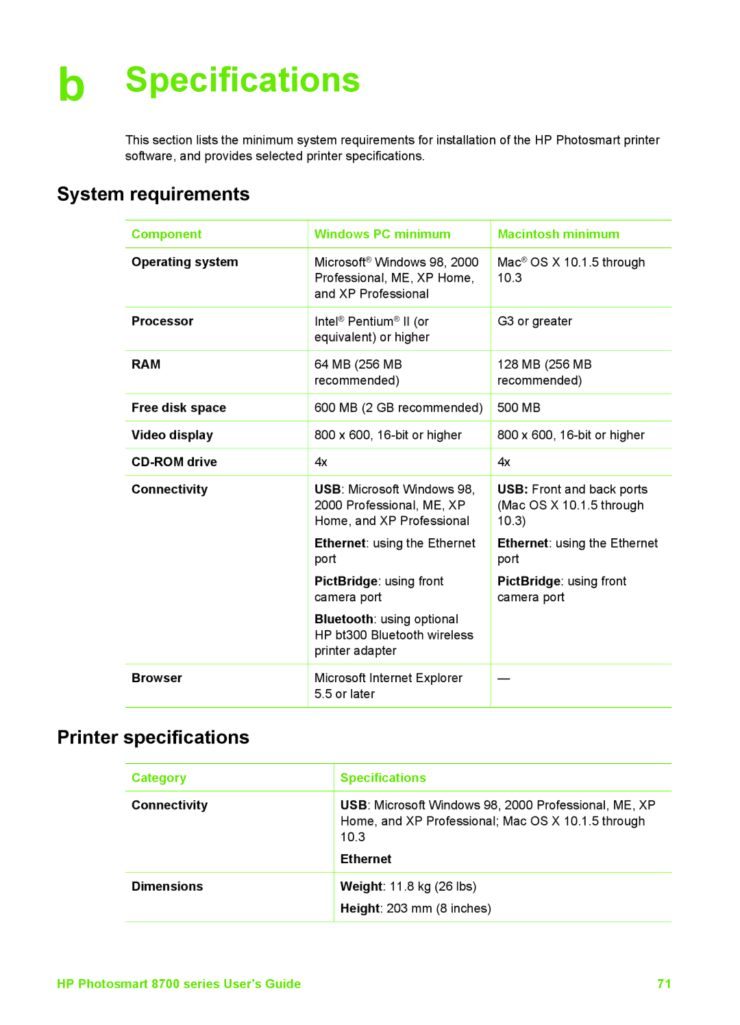 HP 8700 manual Specifications, System requirements 