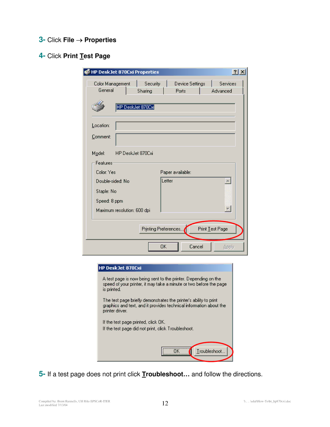 HP 870Cxi manual Click File → Properties Click Print Test 