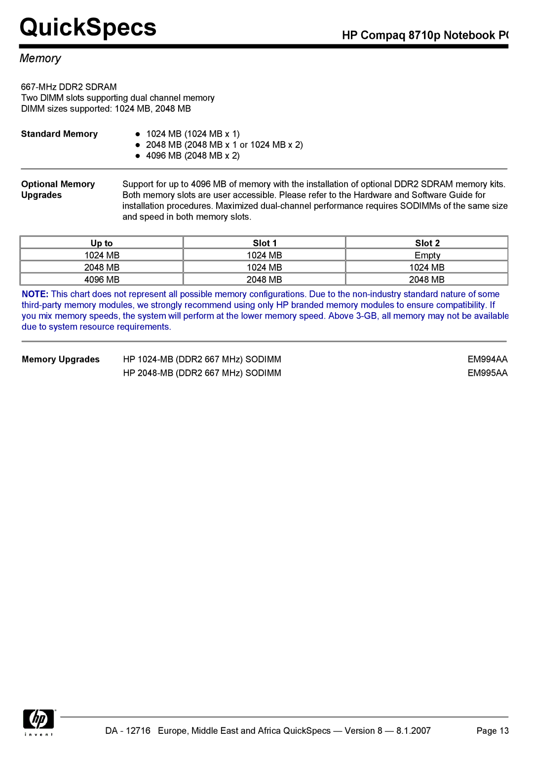 HP 8710p manual Standard Memory, Up to Slot, Memory Upgrades 