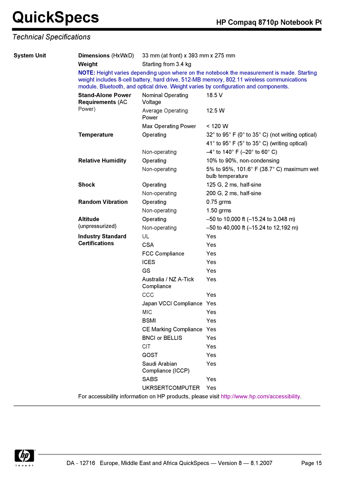 HP 8710p manual Technical Specifications 