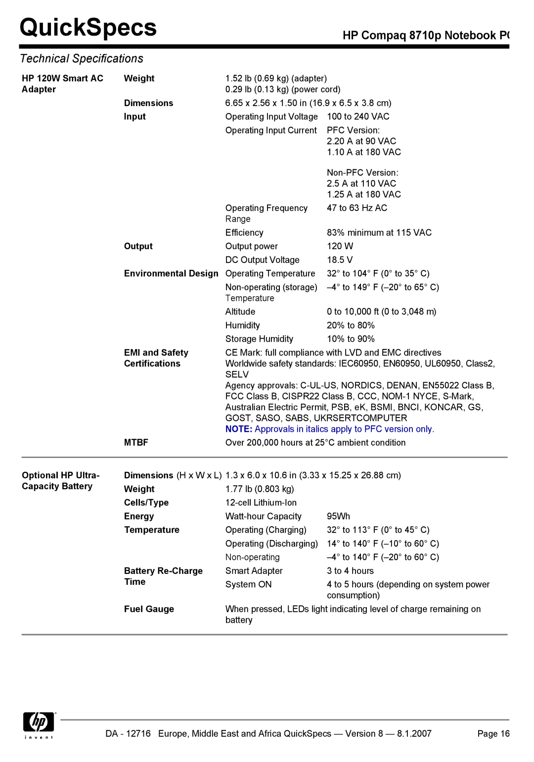 HP 8710p manual Mtbf 