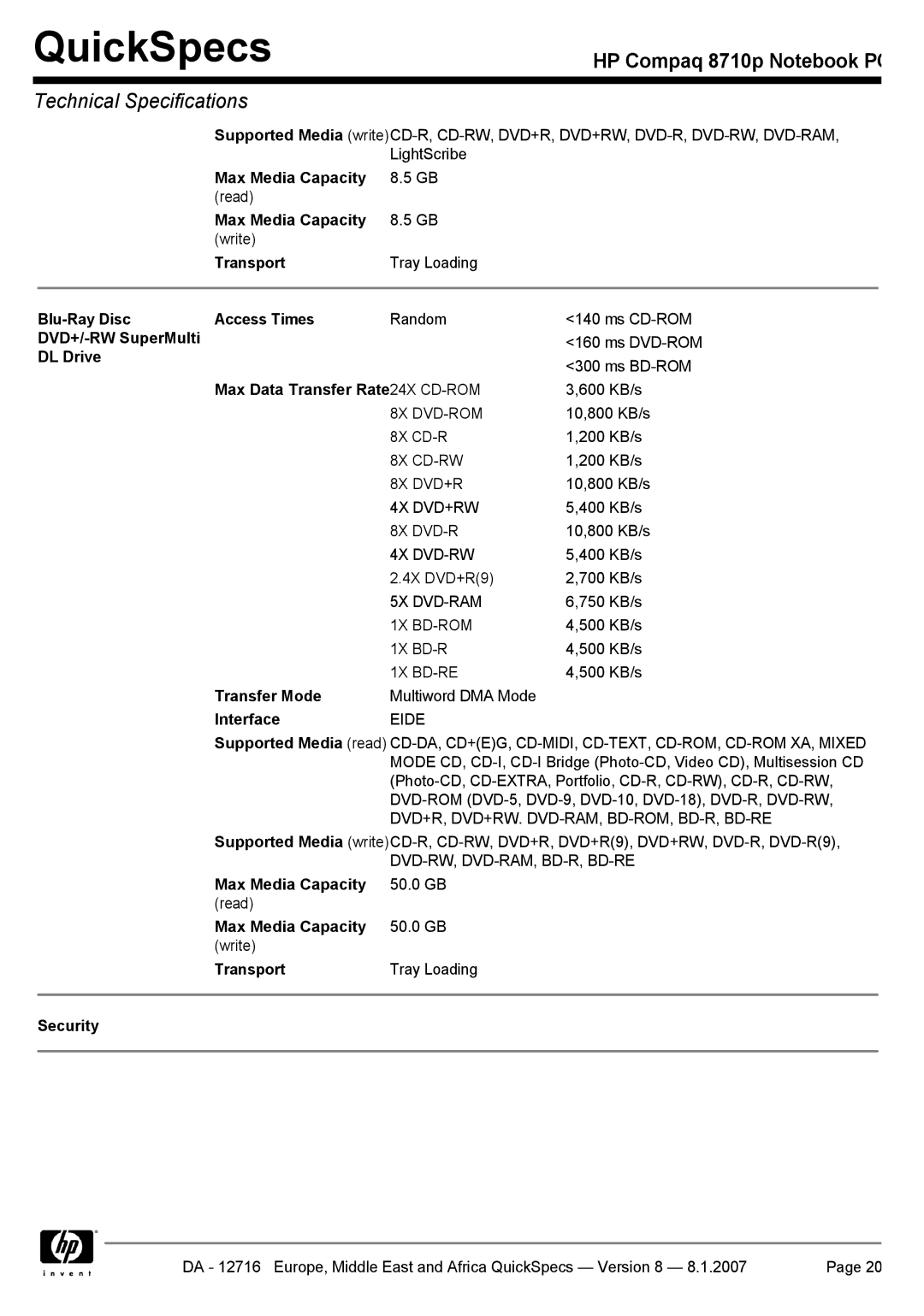 HP 8710p manual Blu-Ray Disc Access Times, DVD+/-RW SuperMulti 