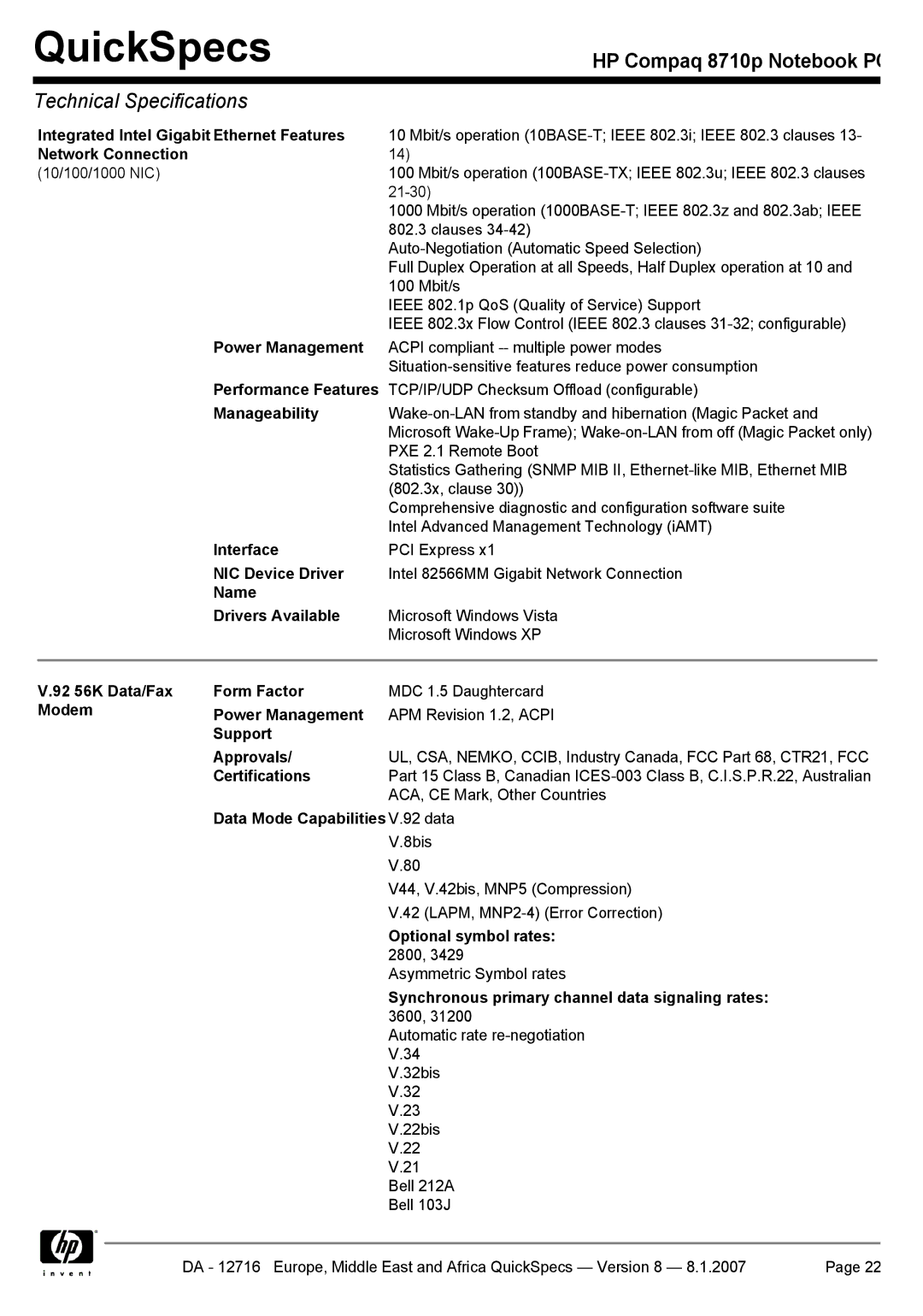 HP 8710p manual Integrated Intel Gigabit Ethernet Features, Network Connection, Power Management, Performance Features 