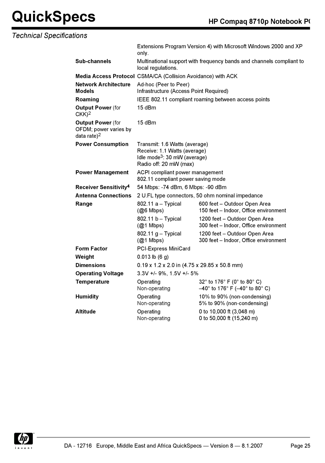 HP 8710p manual Receiver Sensitivity 