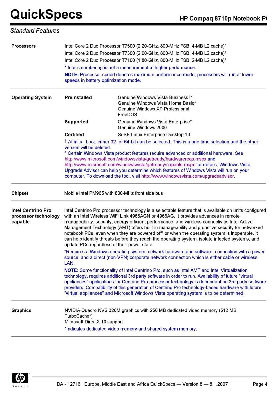 HP 8710p manual Standard Features 