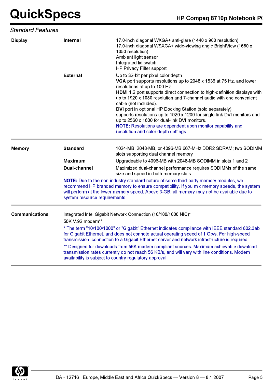 HP 8710p manual Display Internal, External, Memory Standard, Maximum, Dual-channel, Communications 