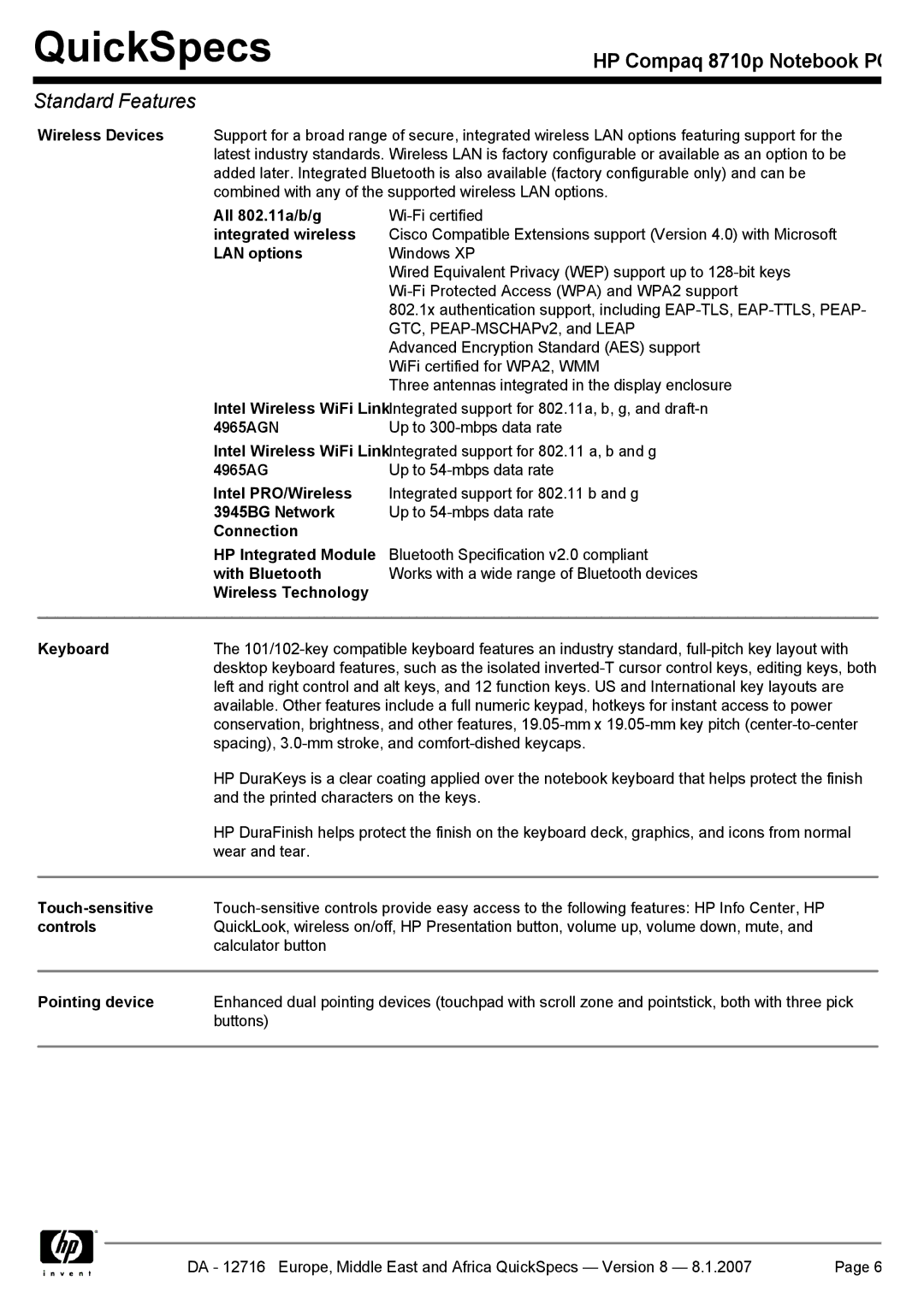 HP 8710p manual All 802.11a/b/g, Integrated wireless, LAN options, 4965AGN, Intel PRO/Wireless, 3945BG Network, Connection 