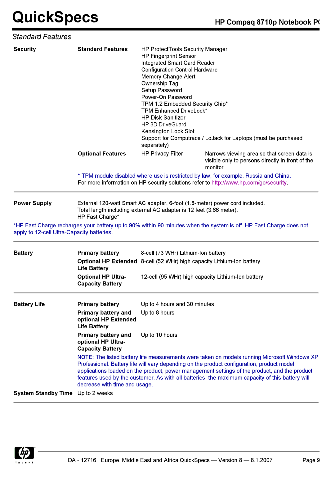 HP 8710p manual Security Standard Features, Optional Features, Power Supply, Battery Primary battery, Optional HP Extended 