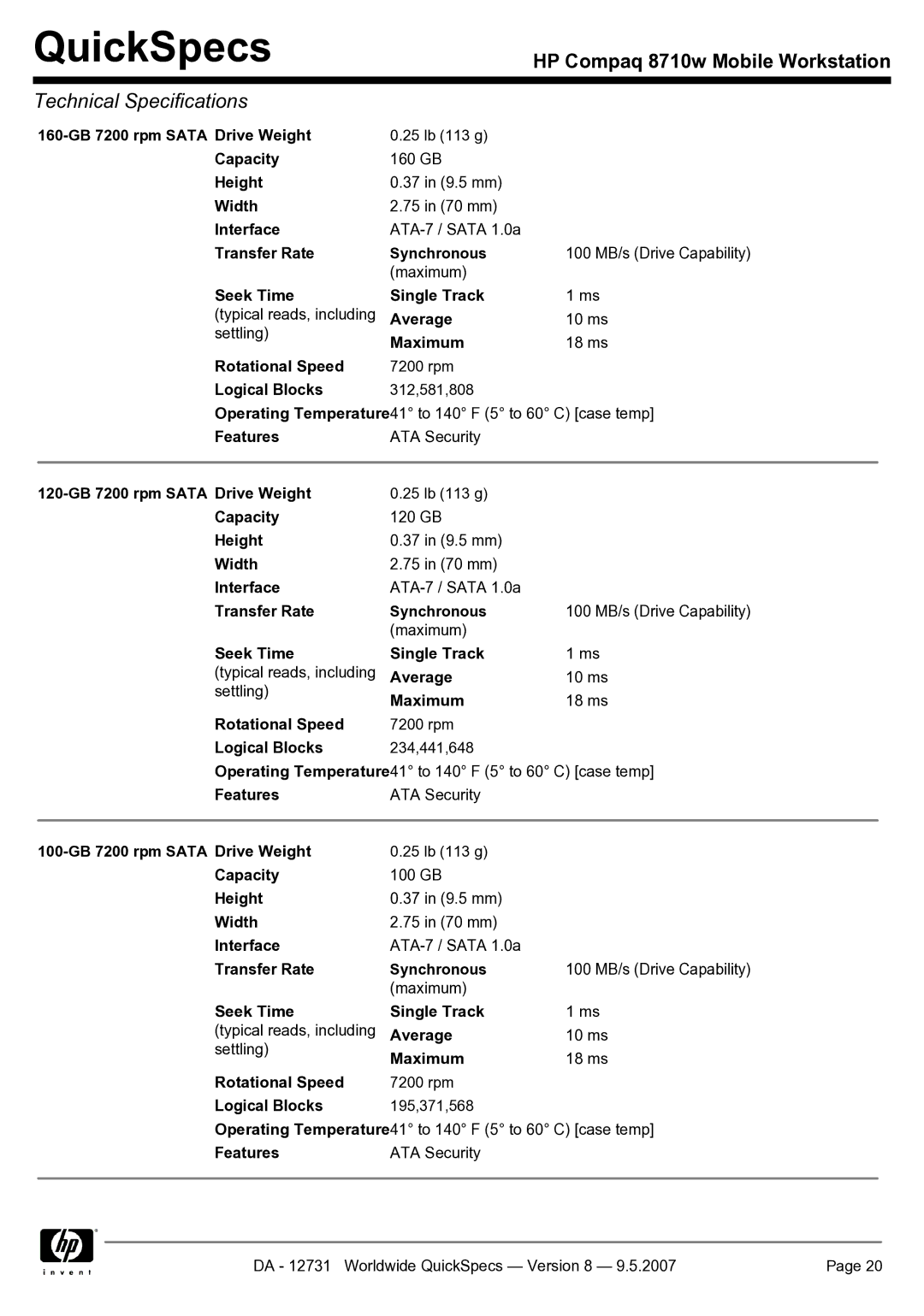 HP 8710w manual 160-GB 7200 rpm Sata Drive Weight, Capacity, Height, Width, Interface, Transfer Rate Synchronous, Average 