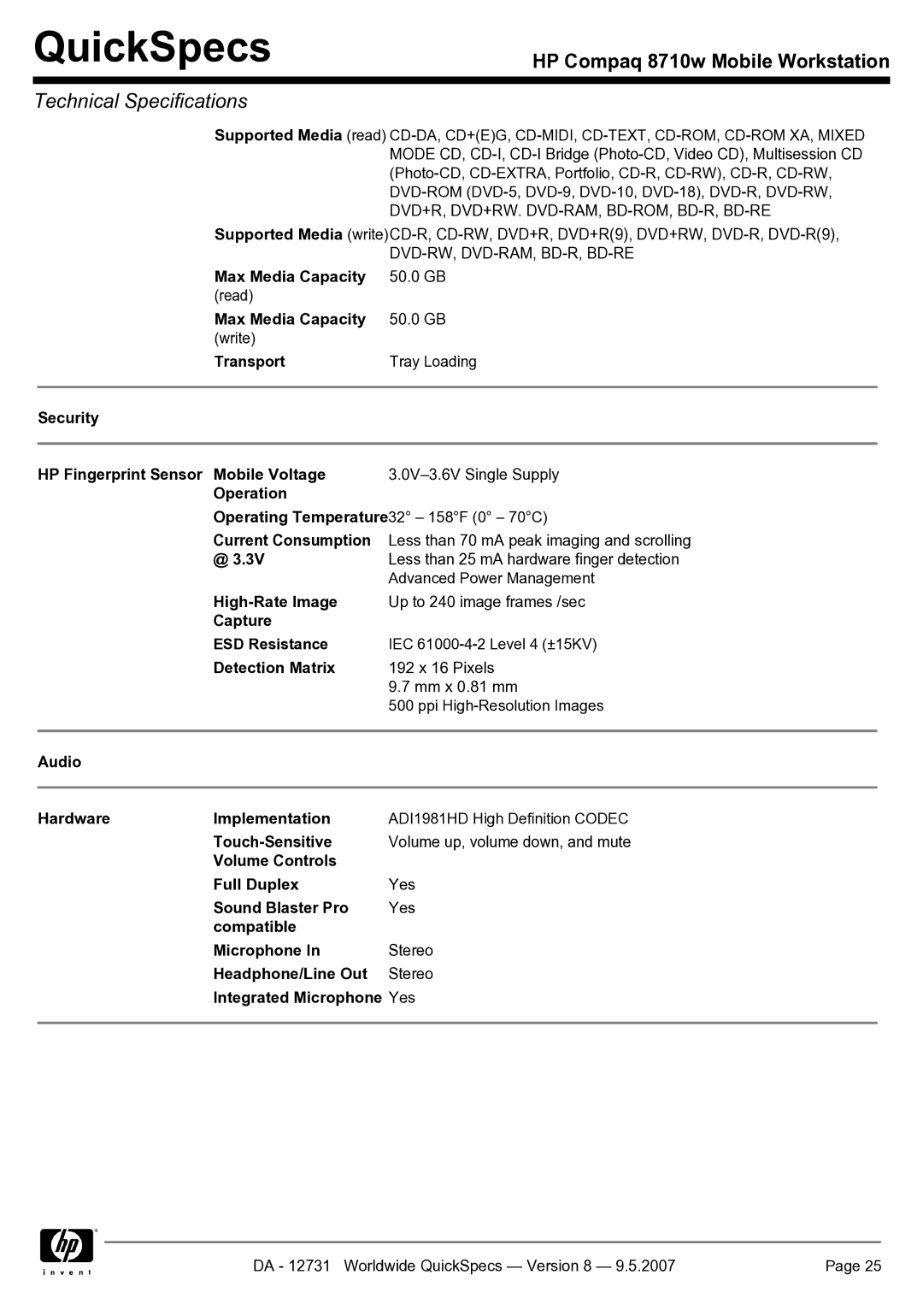 HP 8710w Security HP Fingerprint Sensor Mobile Voltage, Operation, Current Consumption, High-Rate Image, Detection Matrix 