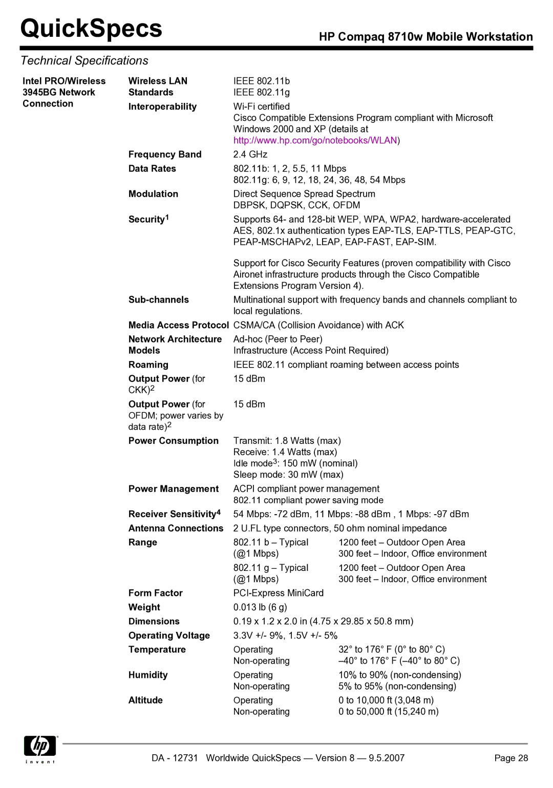 HP 8710w Intel PRO/Wireless 3945BG Network Connection Wireless LAN, Standards, Interoperability, Frequency Band, Security1 