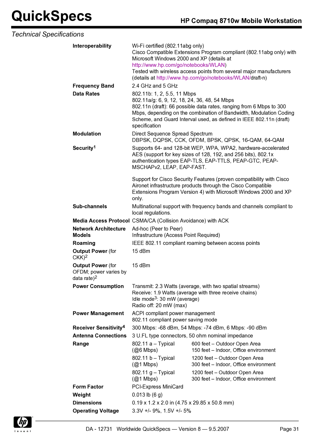 HP 8710w manual DBPSK, DQPSK, CCK, OFDM, BPSK, QPSK, 16-QAM, 64-QAM 