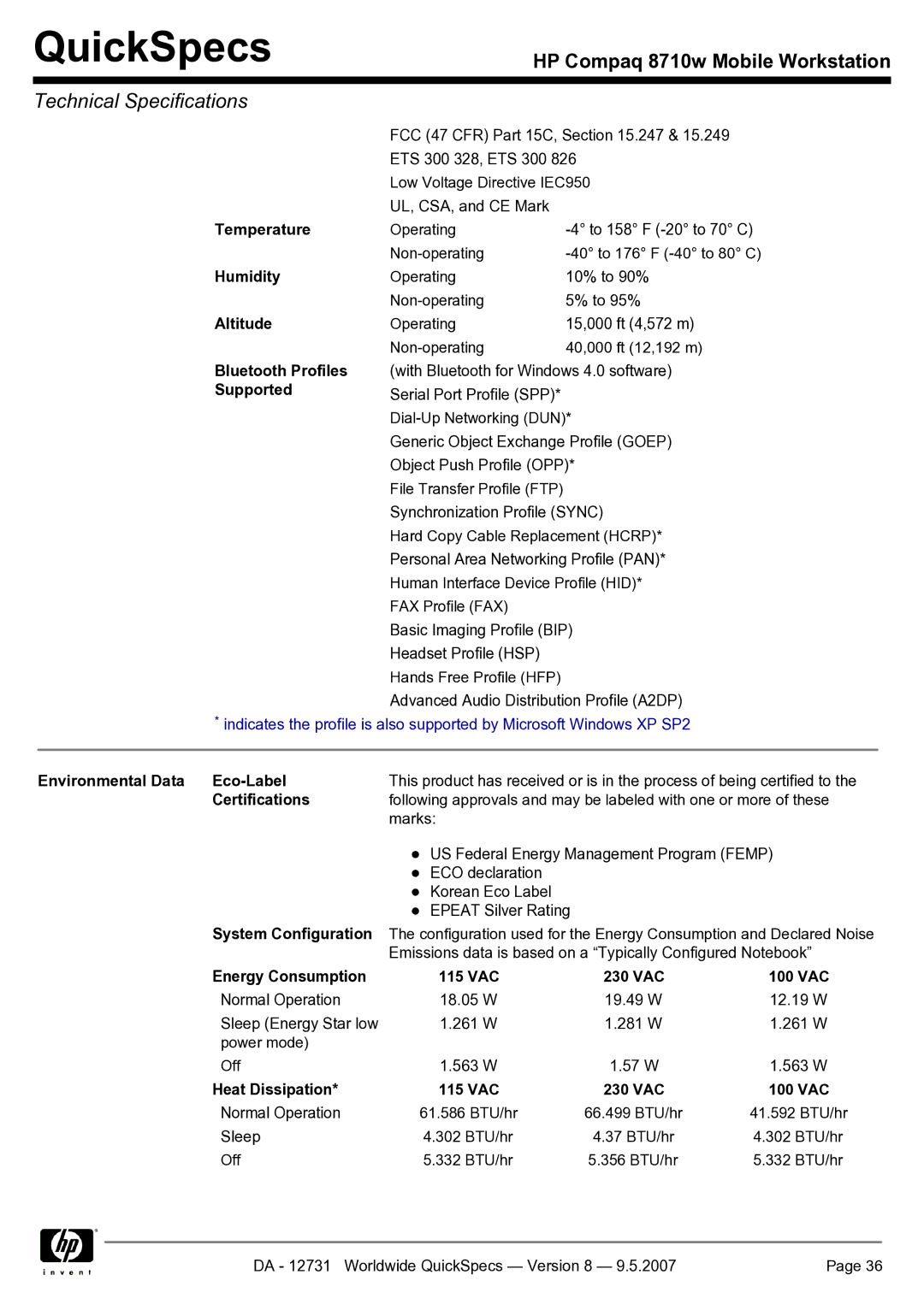 HP 8710w manual Bluetooth Profiles, Environmental Data Eco-Label, Energy Consumption 115 VAC 230 VAC 100 VAC 