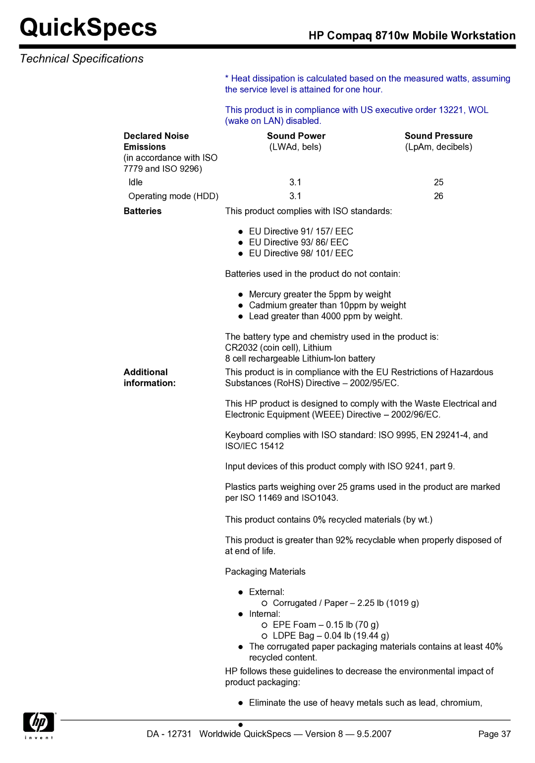 HP 8710w manual Declared Noise Sound Power Sound Pressure Emissions, Batteries, Additional, Information 