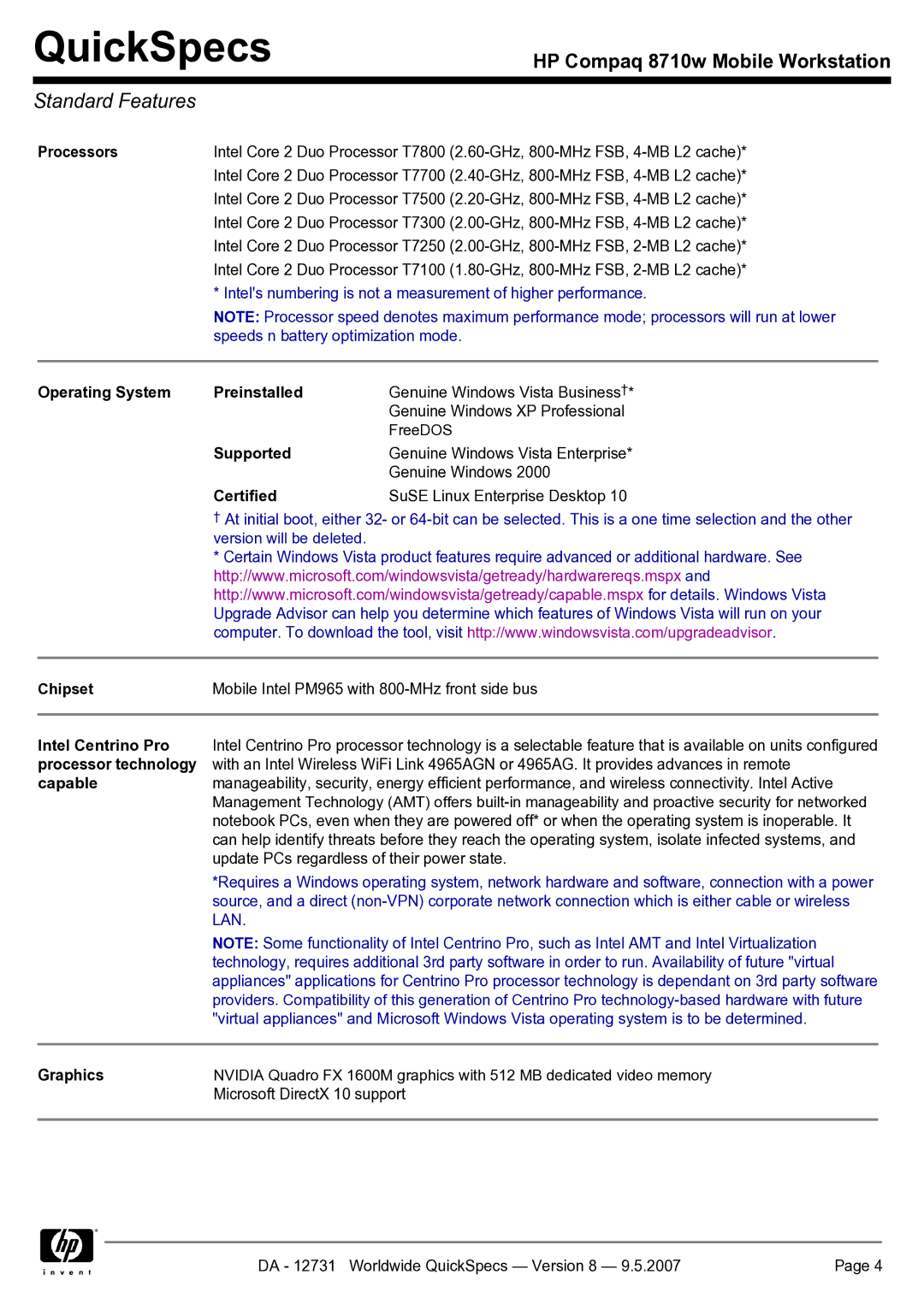 HP 8710w Processors, Operating System Preinstalled, Supported, Certified, Chipset, Intel Centrino Pro, Capable, Graphics 