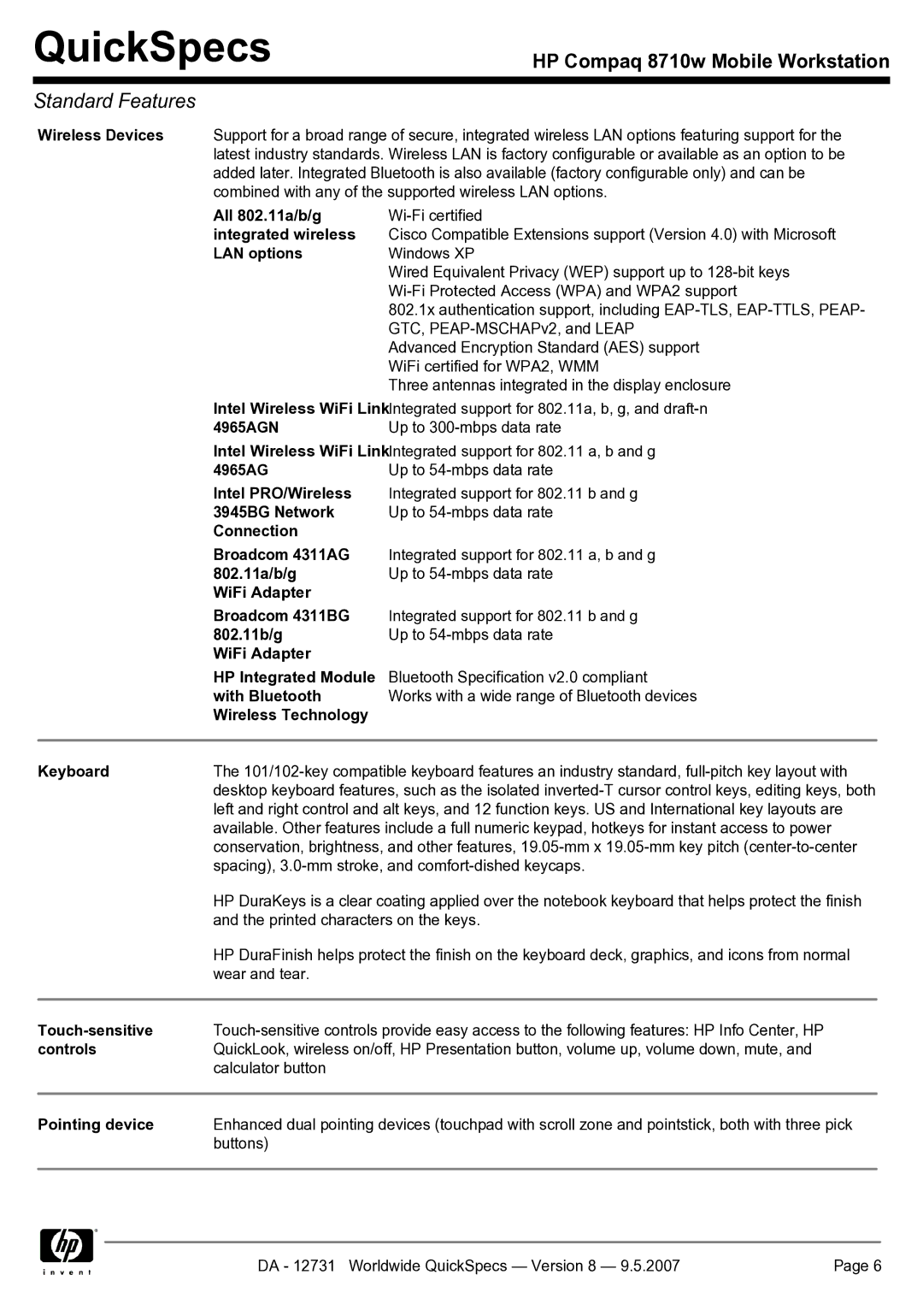 HP 8710w manual All 802.11a/b/g, Integrated wireless, LAN options, 4965AGN, Intel PRO/Wireless, 3945BG Network, 802.11b/g 