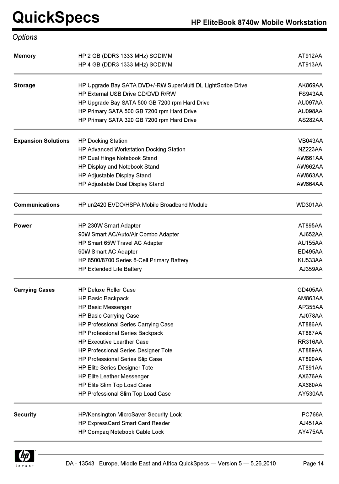 HP 8740w manual Options 