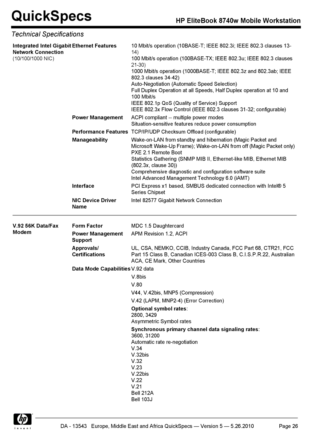 HP 8740w manual Integrated Intel Gigabit Ethernet Features, Network Connection, Power Management, Performance Features 