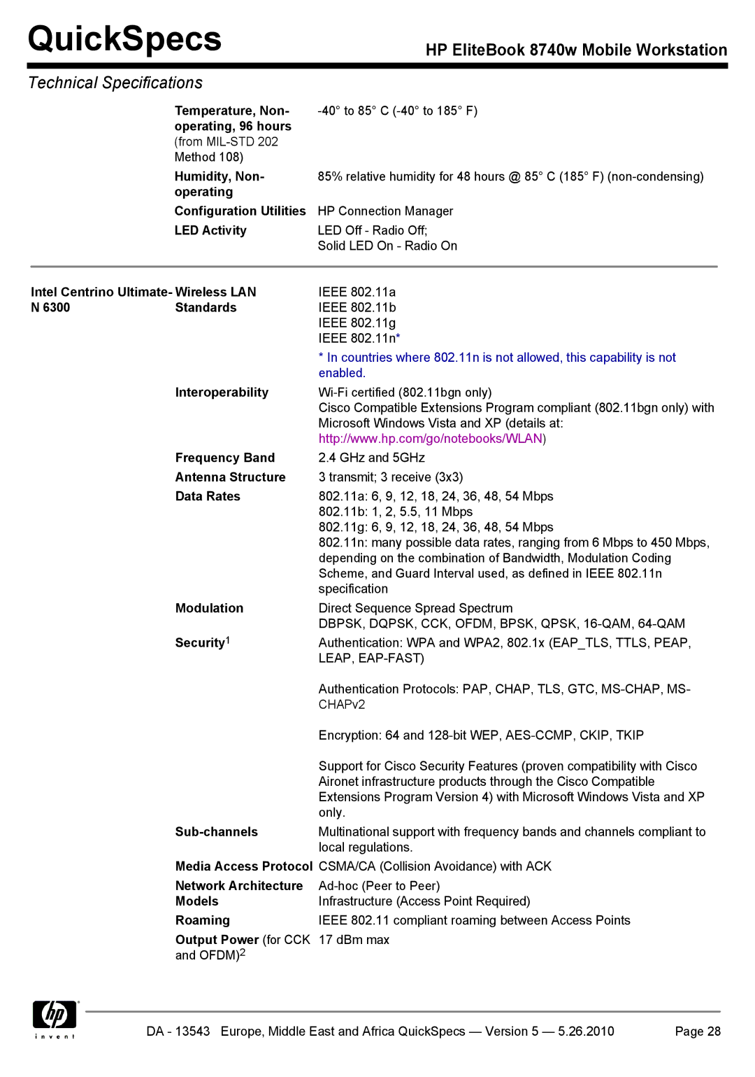 HP 8740w Humidity, Non, Operating Configuration Utilities, LED Activity, Intel Centrino Ultimate- Wireless LAN, Standards 