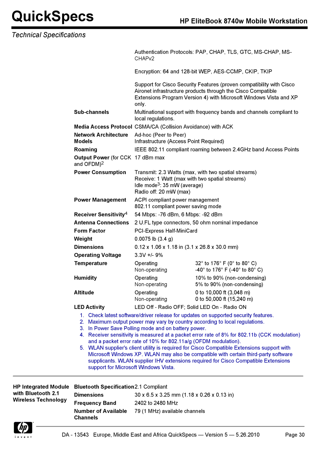 HP 8740w manual Output Power for CCK 17 dBm max and OFDM2 