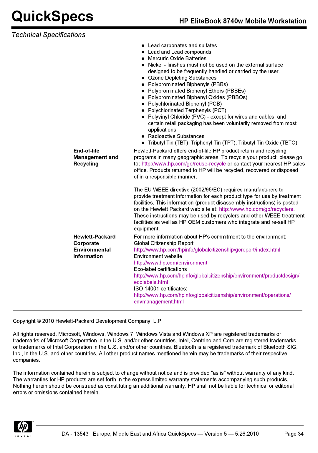 HP 8740w manual End-of-life, Management, Recycling, Hewlett-Packard, Corporate, Environmental Information 