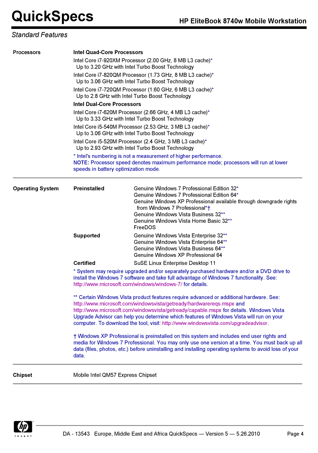 HP 8740w manual Standard Features 