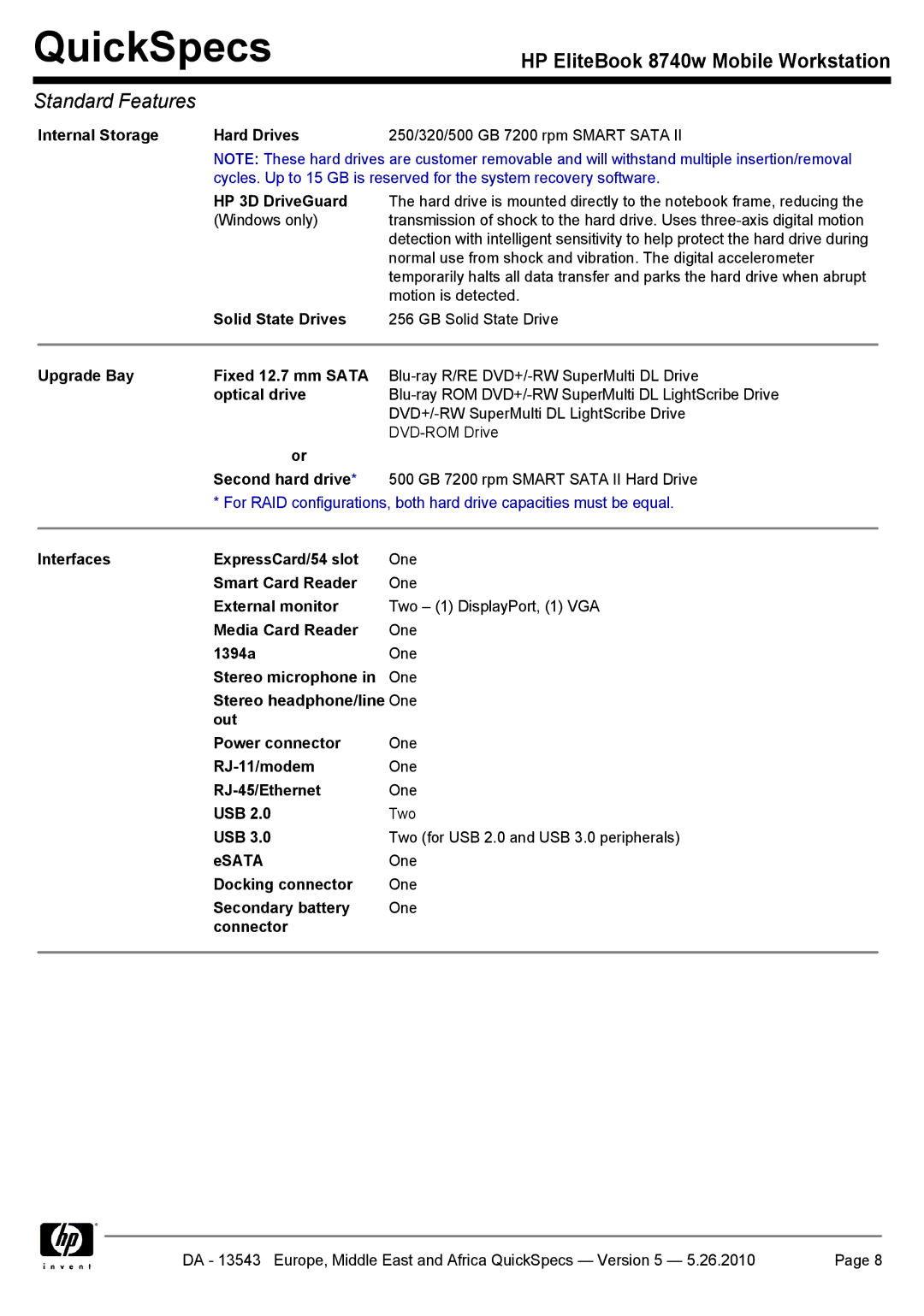 HP 8740w Internal Storage Hard Drives, HP 3D DriveGuard, Solid State Drives, Upgrade Bay Fixed 12.7 mm Sata, Optical drive 