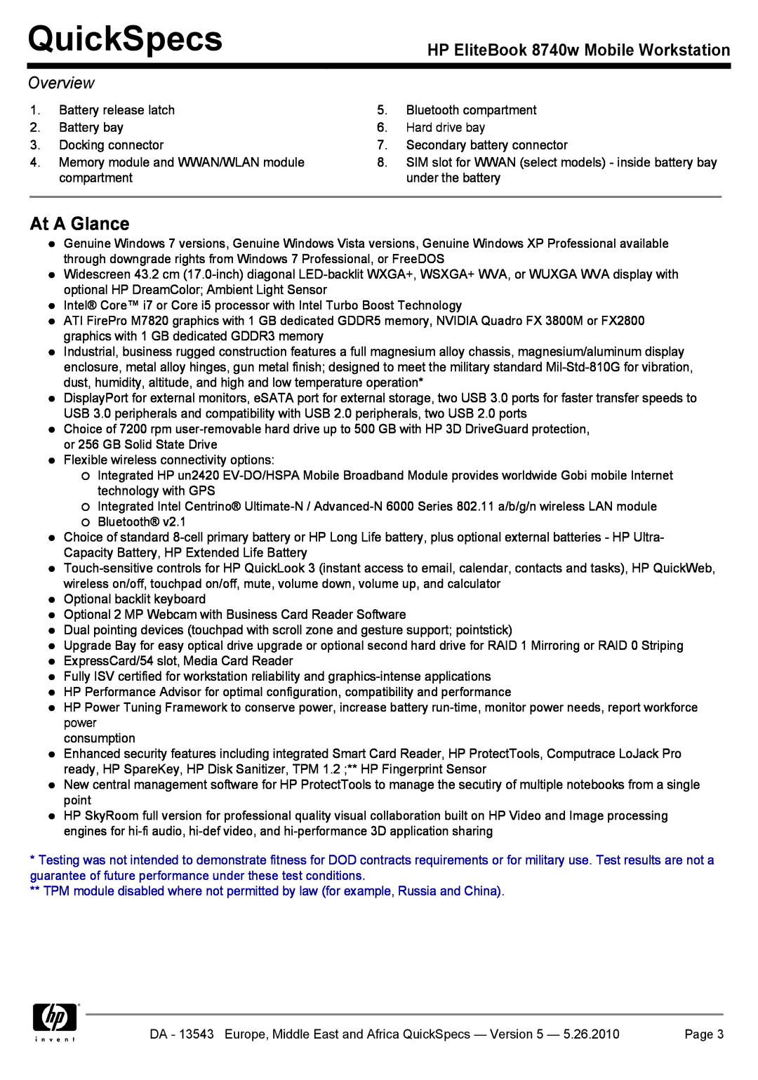 HP manual At A Glance, QuickSpecs, HP EliteBook 8740w Mobile Workstation, Overview 