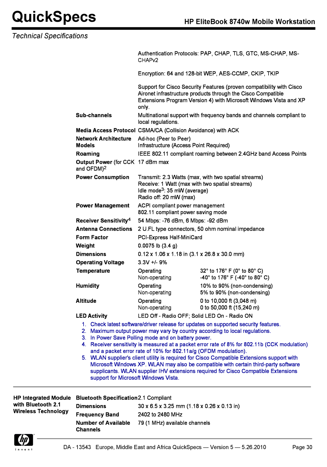 HP manual QuickSpecs, HP EliteBook 8740w Mobile Workstation, Technical Specifications 