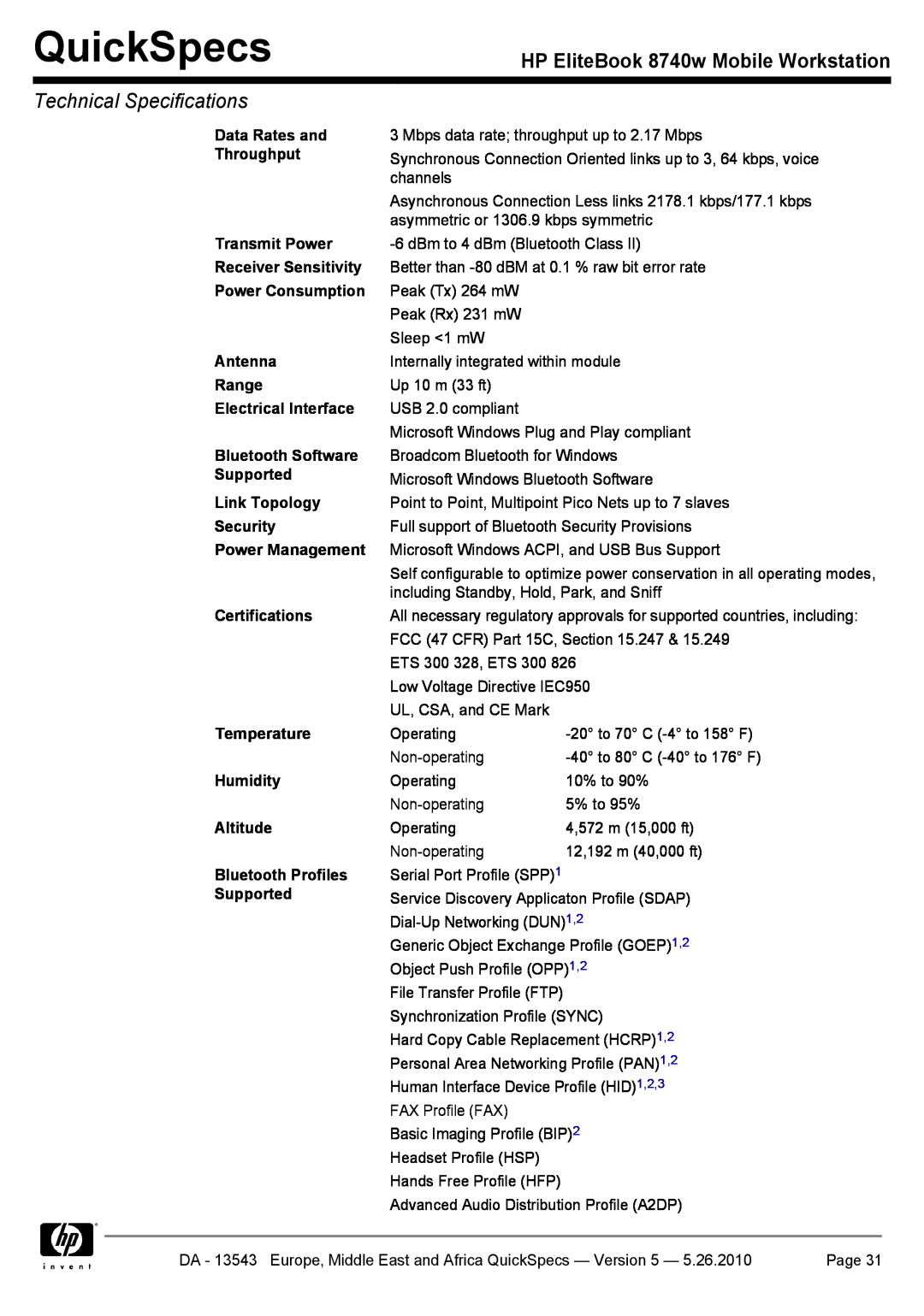 HP manual QuickSpecs, HP EliteBook 8740w Mobile Workstation, Technical Specifications 