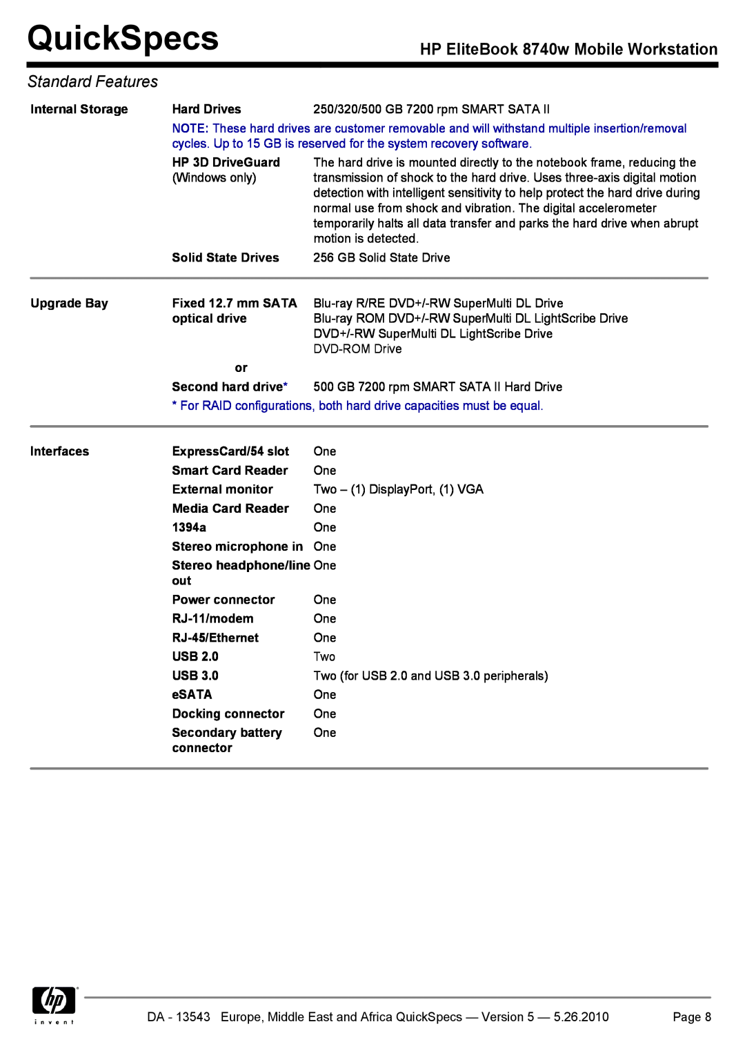HP manual QuickSpecs, HP EliteBook 8740w Mobile Workstation, Standard Features 