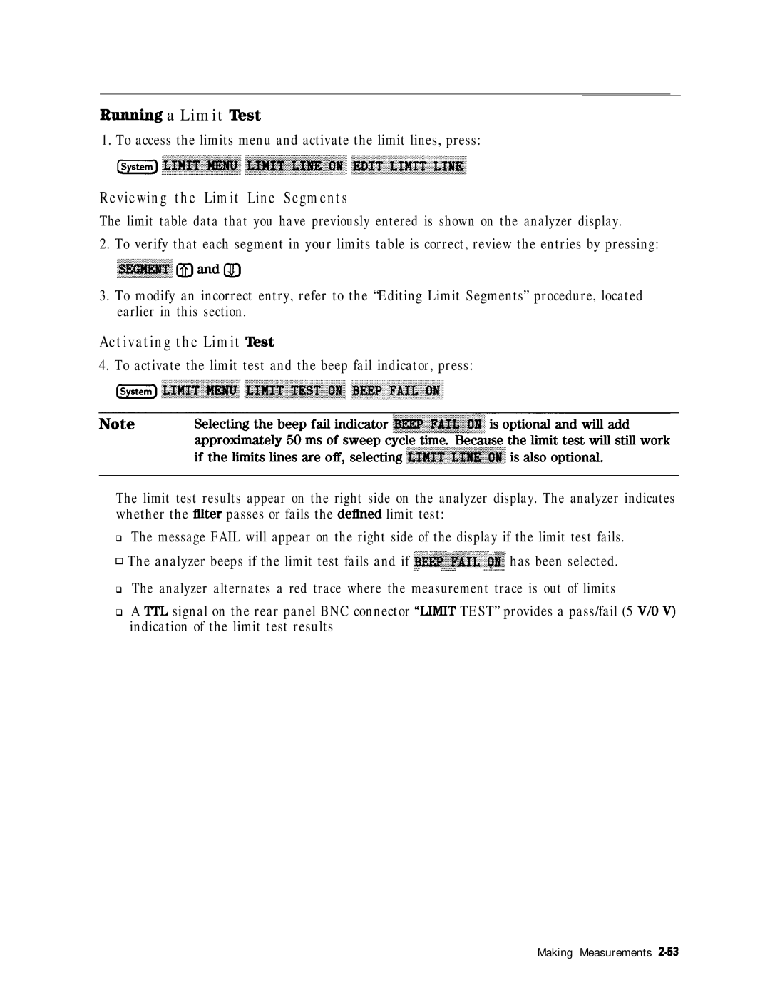 HP 8753E manual Bnnning a Limit Tkst, Reviewing the Limit Line Segments, Activating the Limit Test 