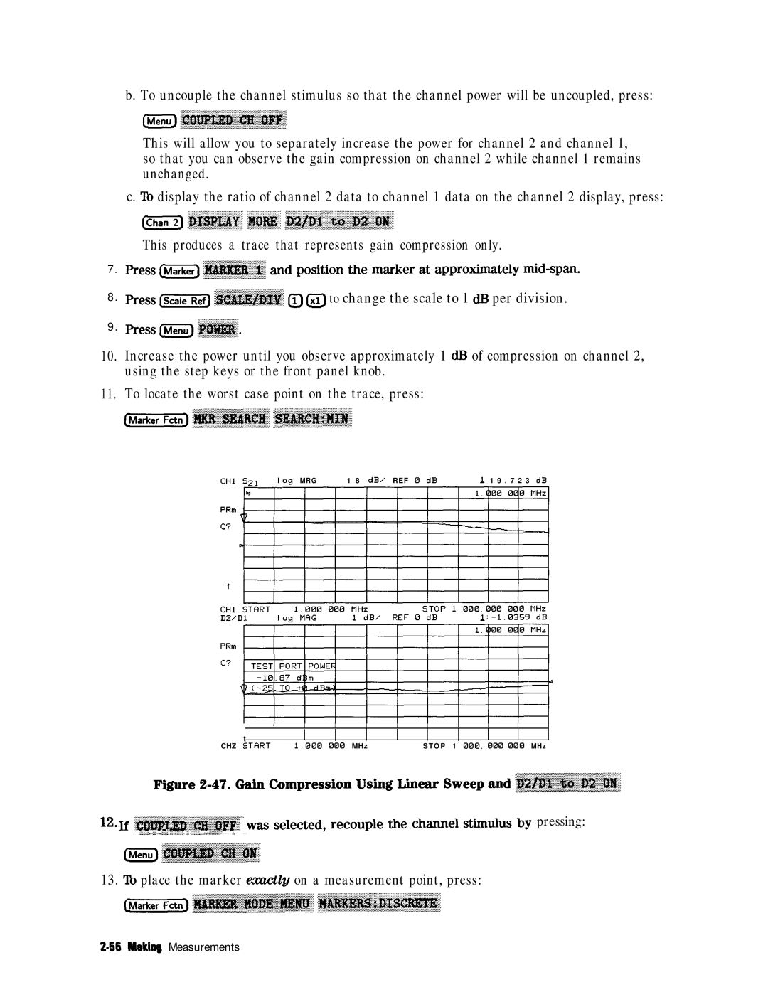 HP 8753E manual @ @ to change the scale to 1 dB per division, Lb place the marker eax.ct& on a measurement point, press 