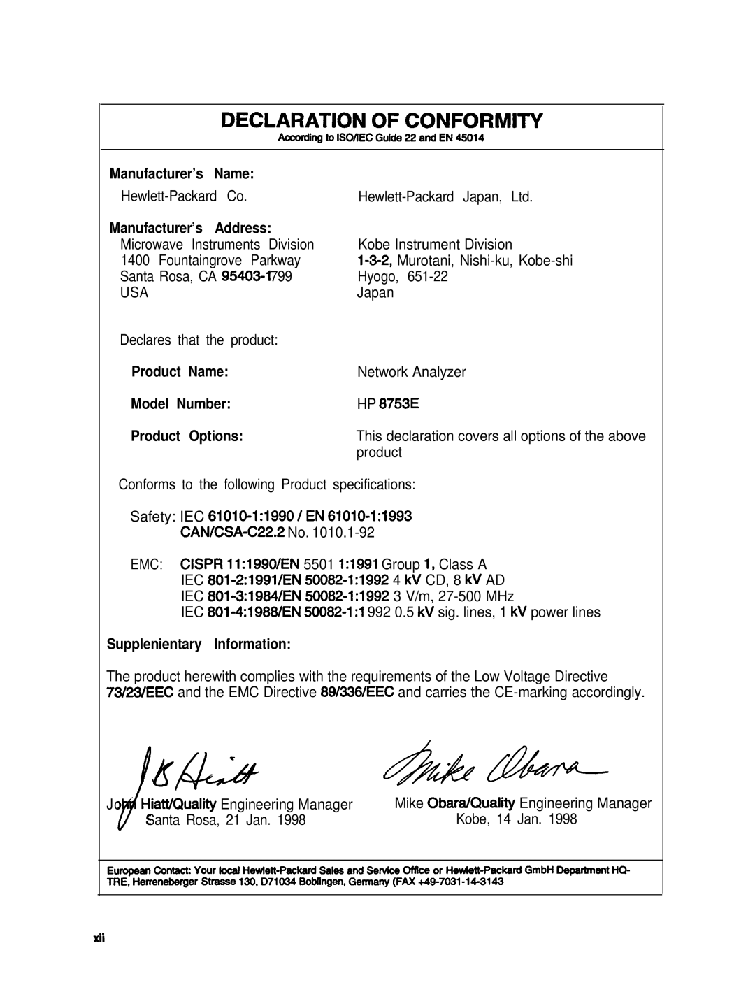 HP 8753E manual Declaration of Conformity 