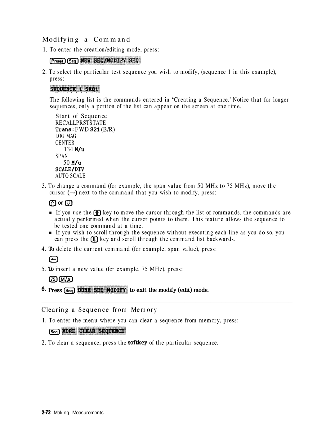 HP 8753E manual Modifying a Command, Clearing a Sequence from Memory 